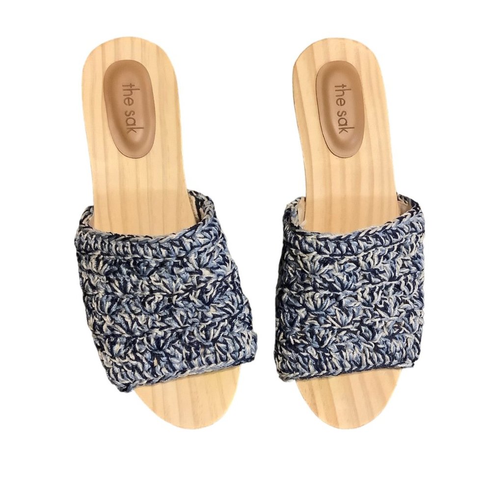 The Sak Ella Clog Sandal Women Size 8 Blue Hand Crochet Slip On Wood 1.75" Heel‎